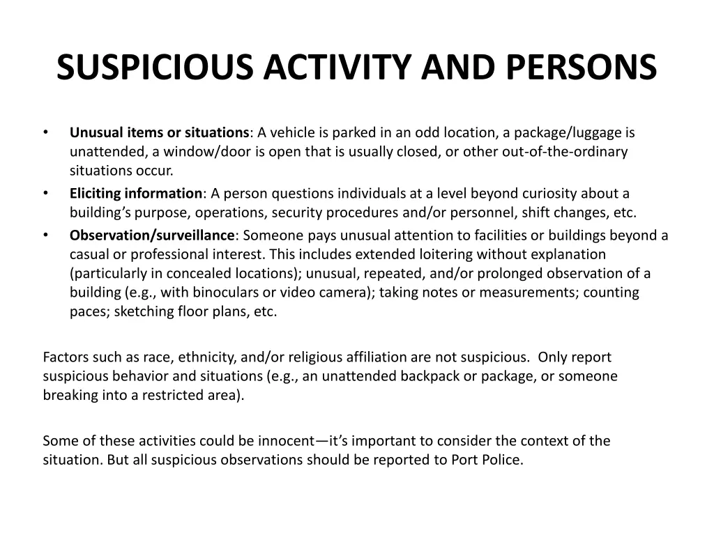 suspicious activity and persons