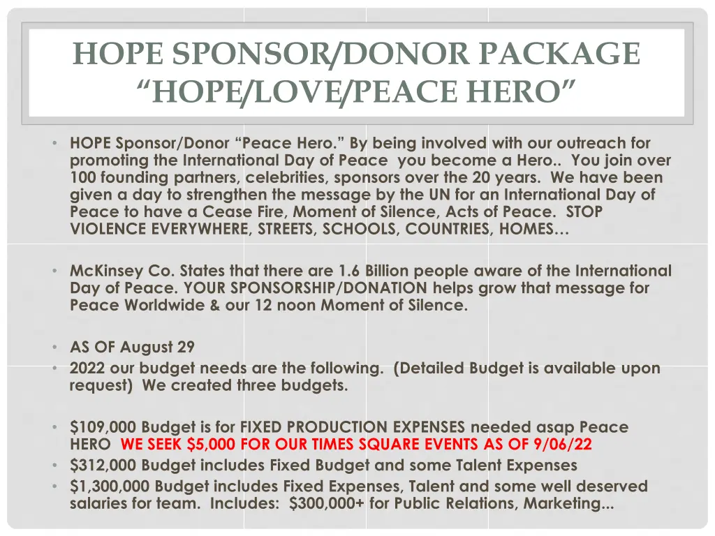 hope sponsor donor package hope love peace hero