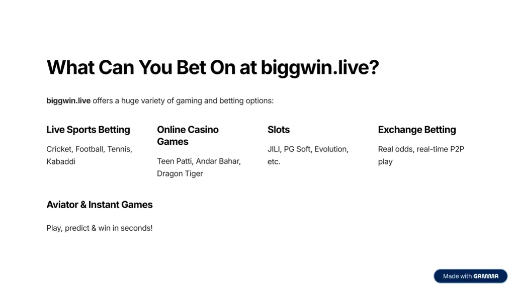 what can you bet on at biggwin live