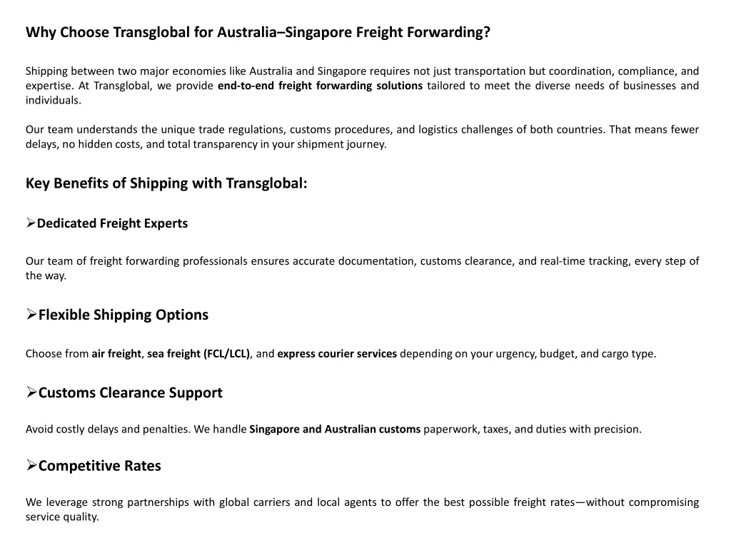 why choose transglobal for australia singapore