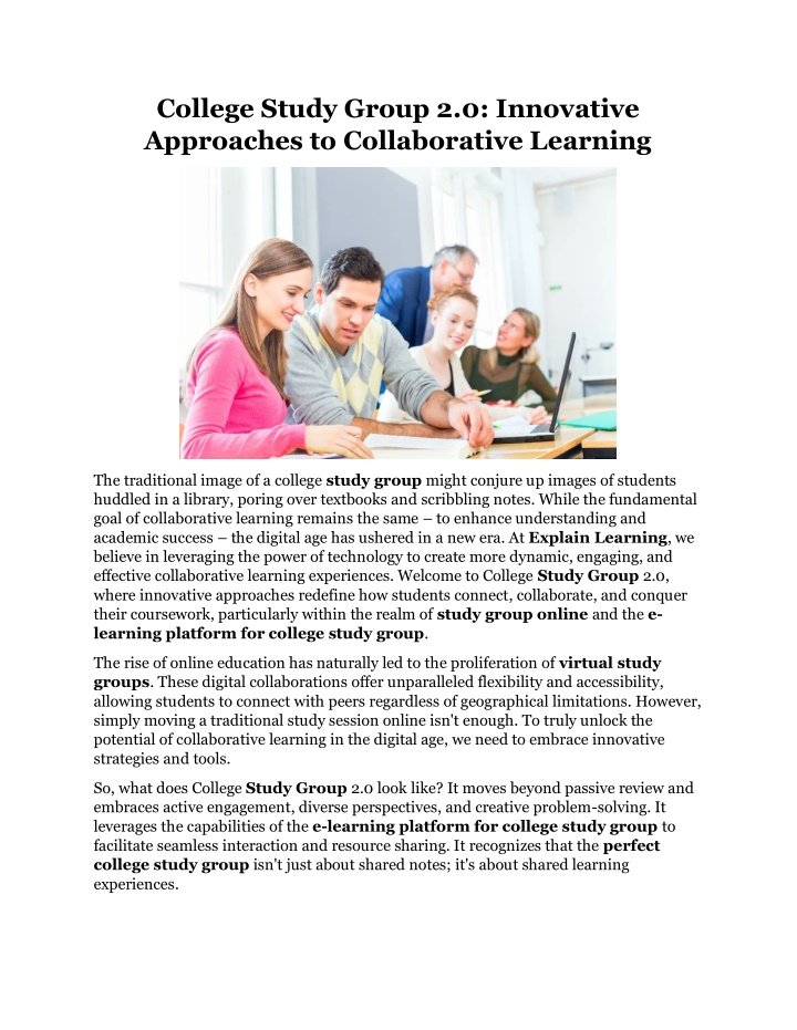 college study group 2 0 innovative approaches
