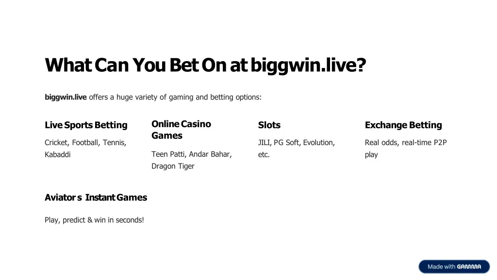 what can you bet on at biggwin live