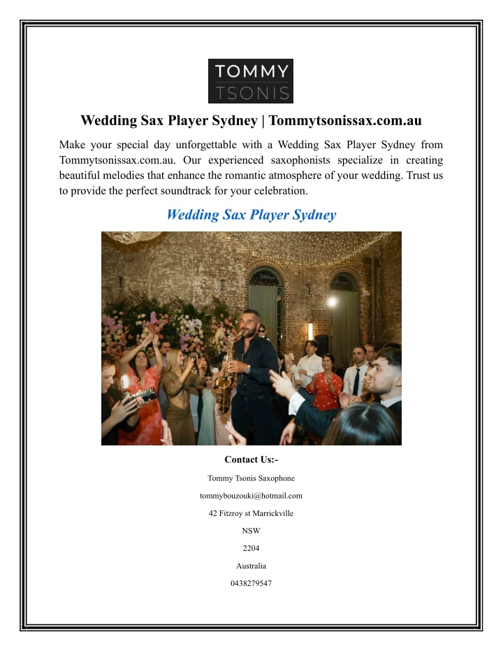 wedding sax player sydney tommytsonissax com au