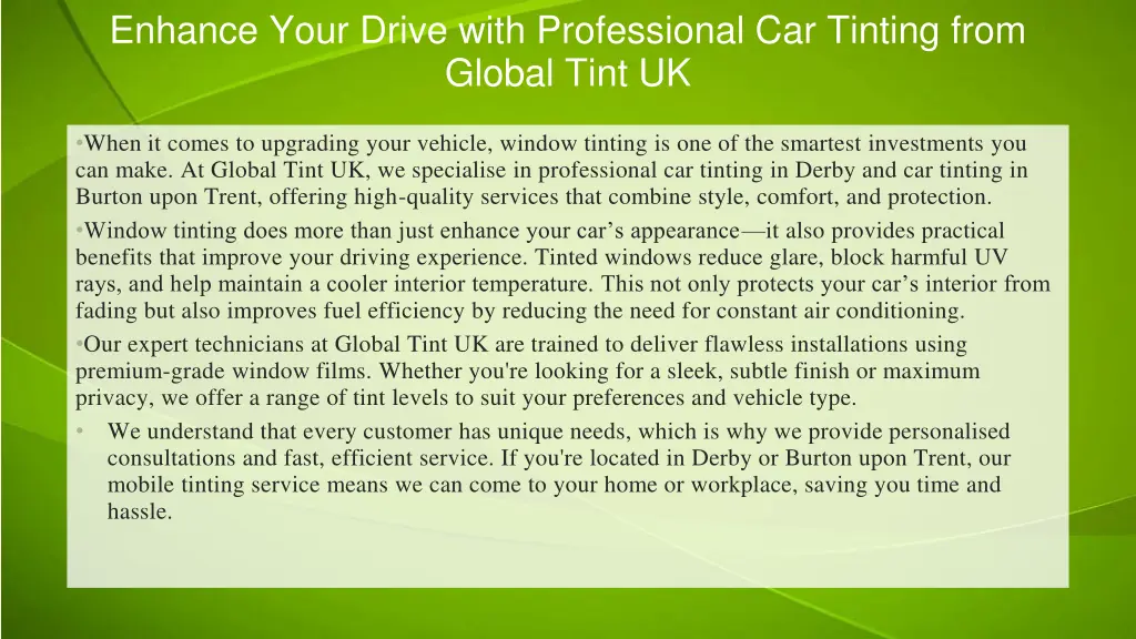 enhance your drive with professional car tinting