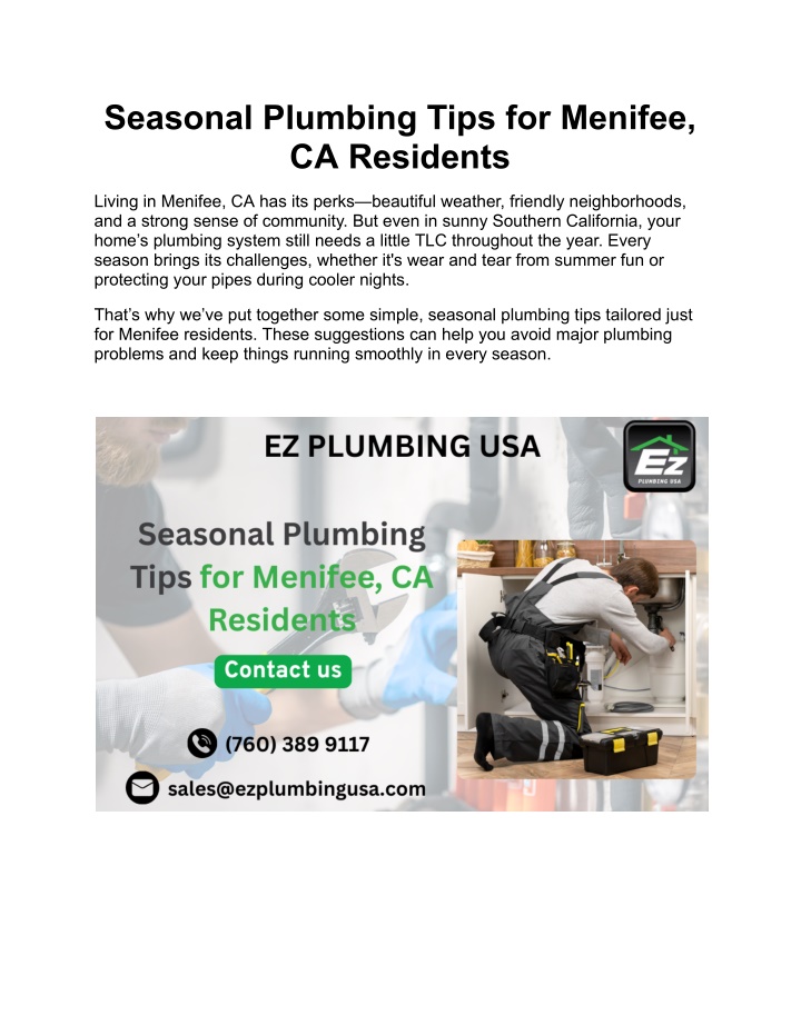 seasonal plumbing tips for menifee ca residents