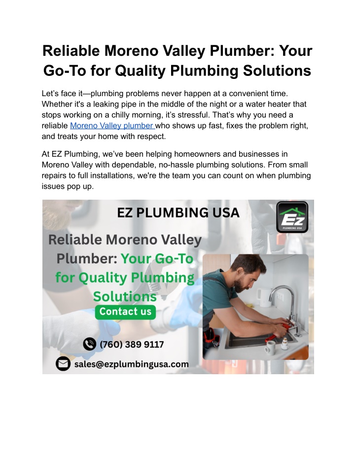 reliable moreno valley plumber your
