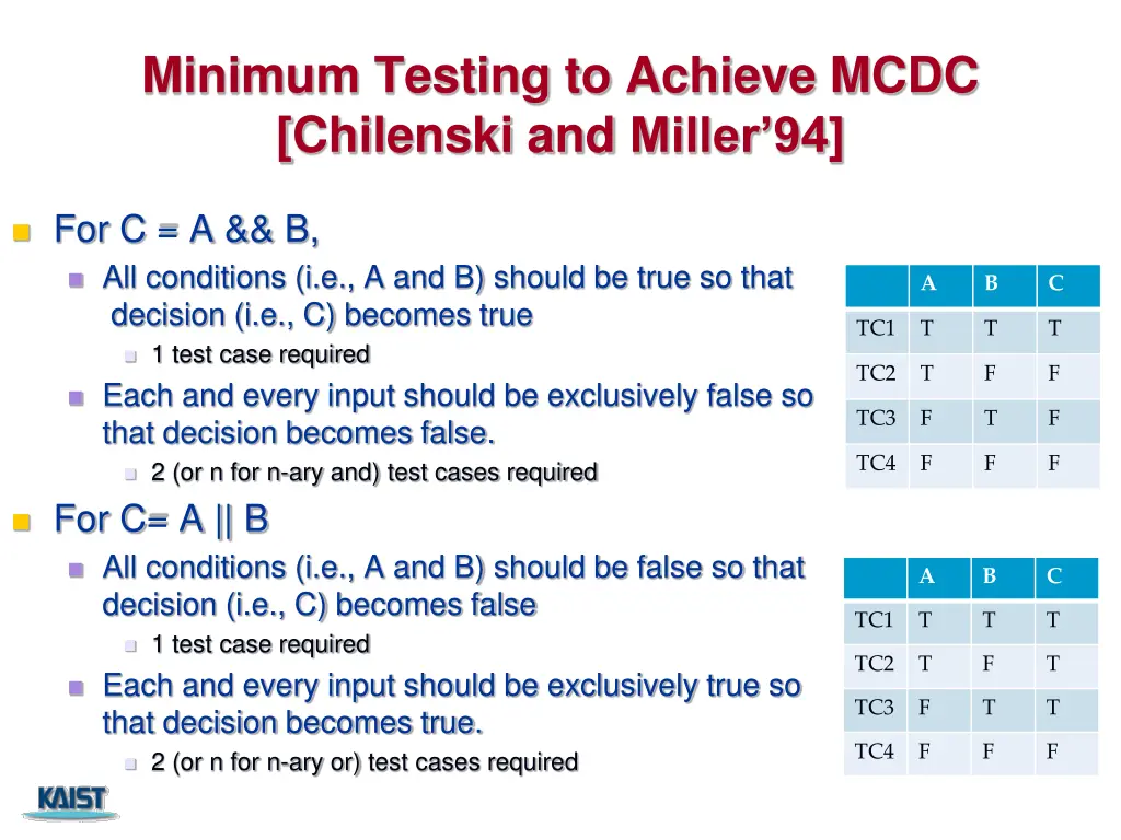 minimum testing to achieve mcdc chilenski