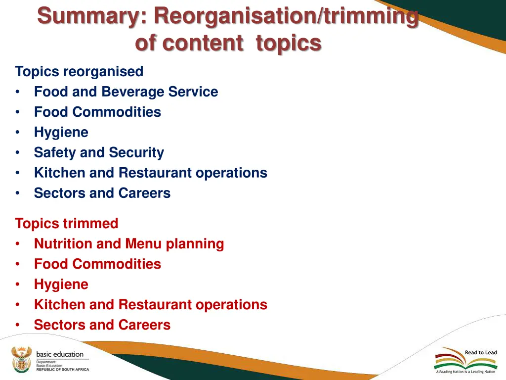 summary reorganisation trimming of content topics