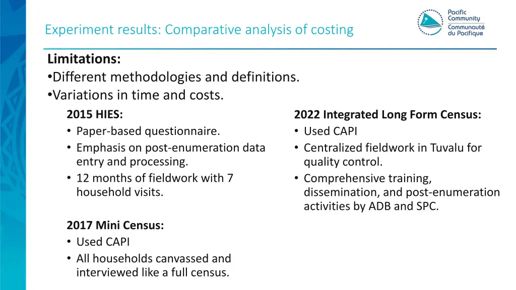 experiment results comparative analysis of costing