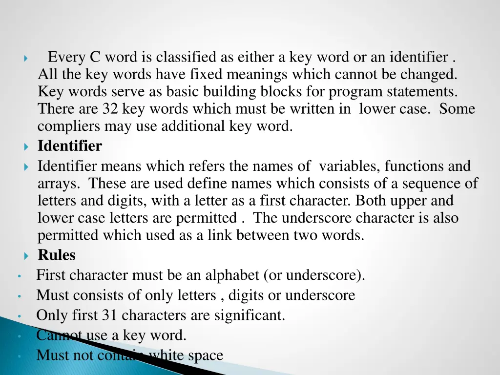 every c word is classified as either a key word