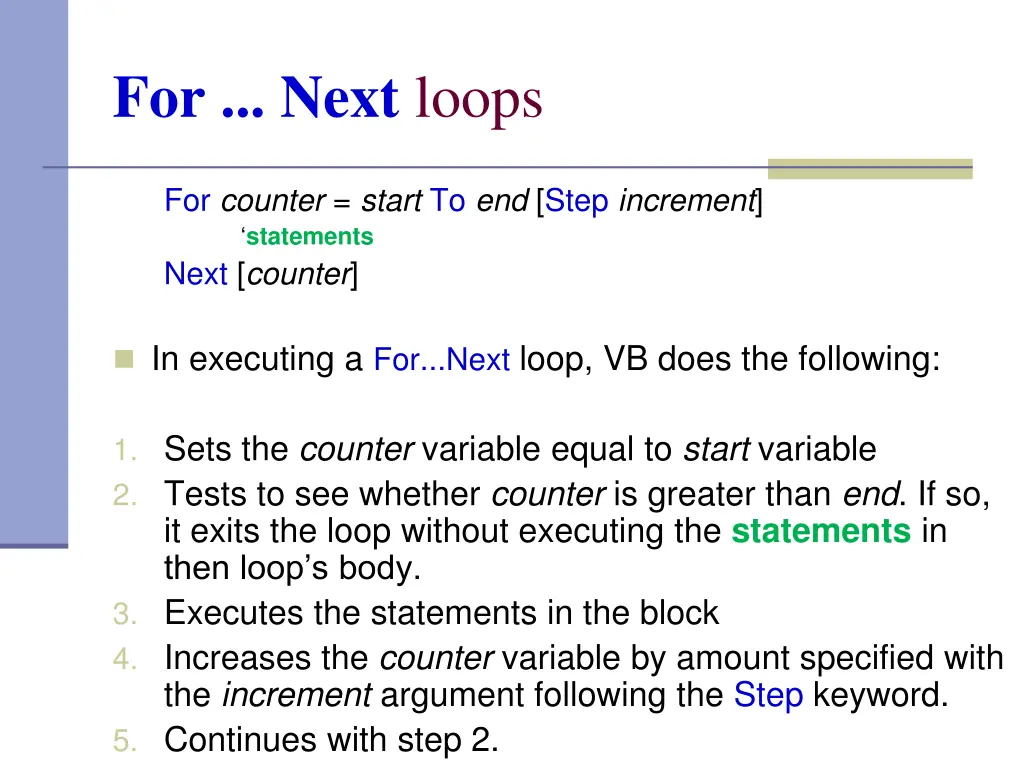 for next loops