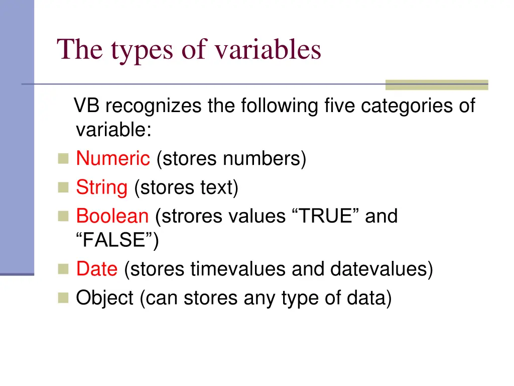 the types of variables