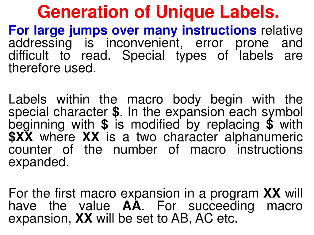 generation of unique labels for large jumps over