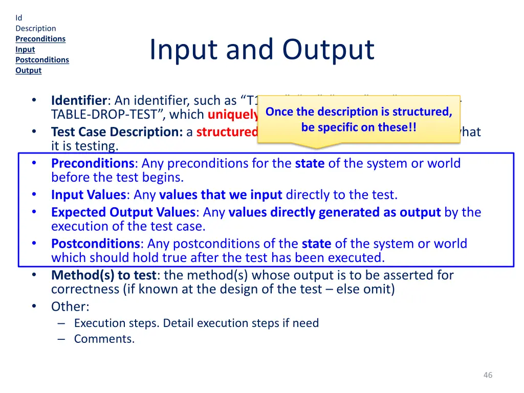 id description preconditions input postconditions 2