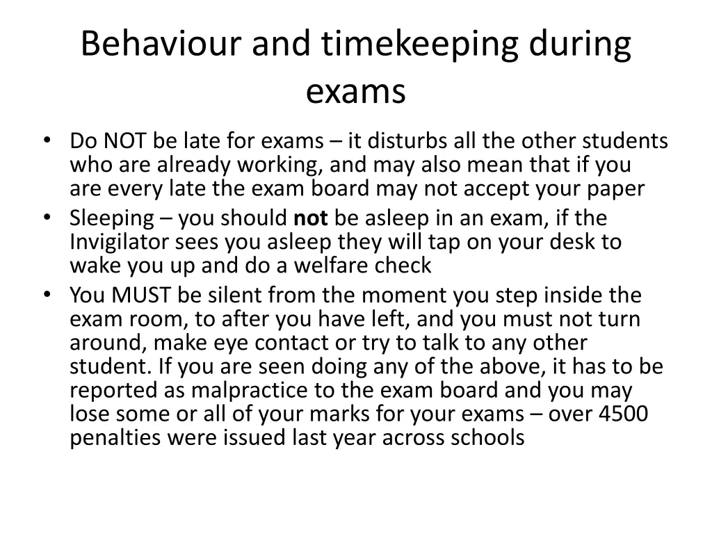 behaviour and timekeeping during exams