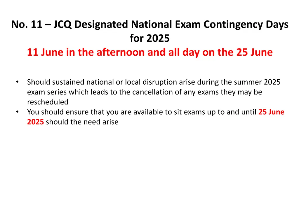 no 11 jcq designated national exam contingency