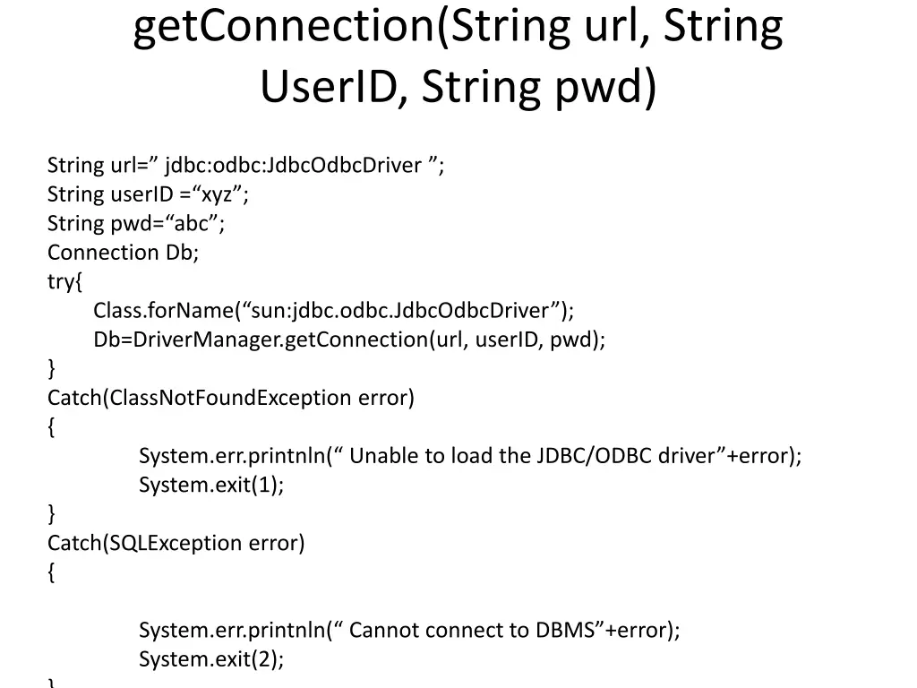 getconnection string url string userid string pwd
