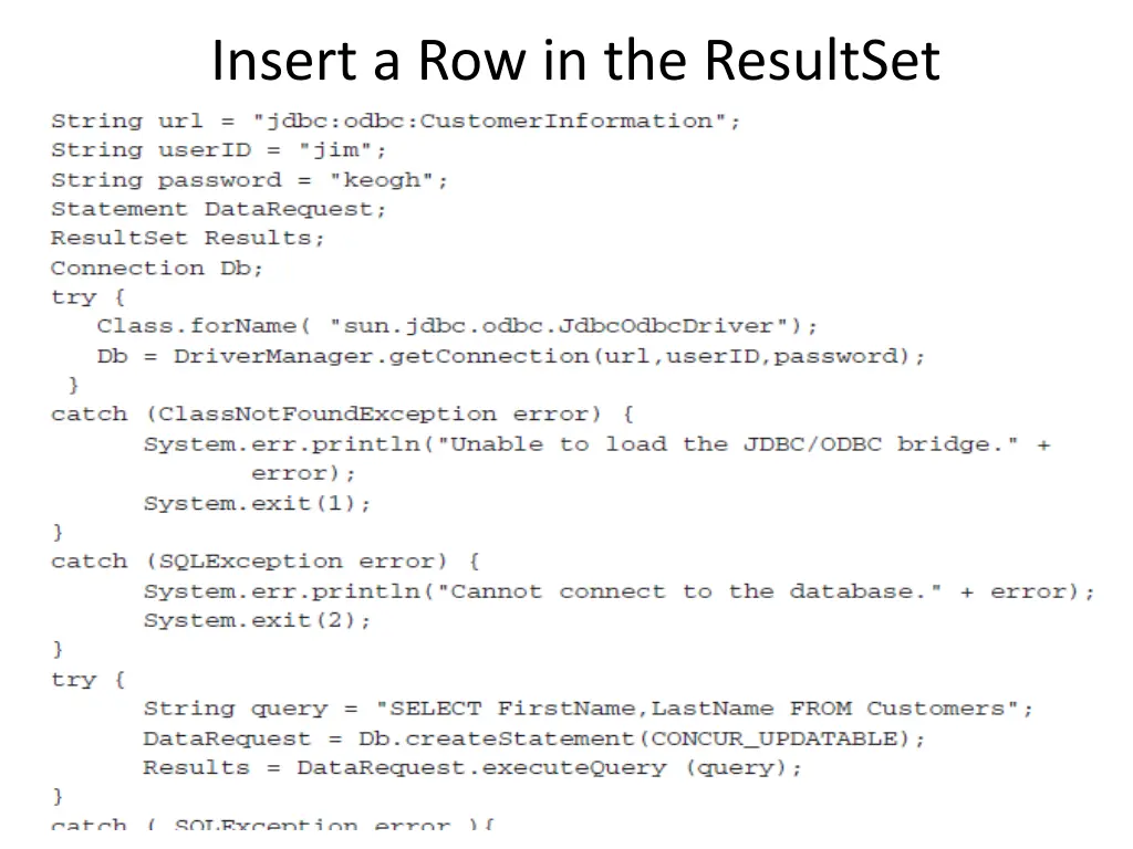 insert a row in the resultset