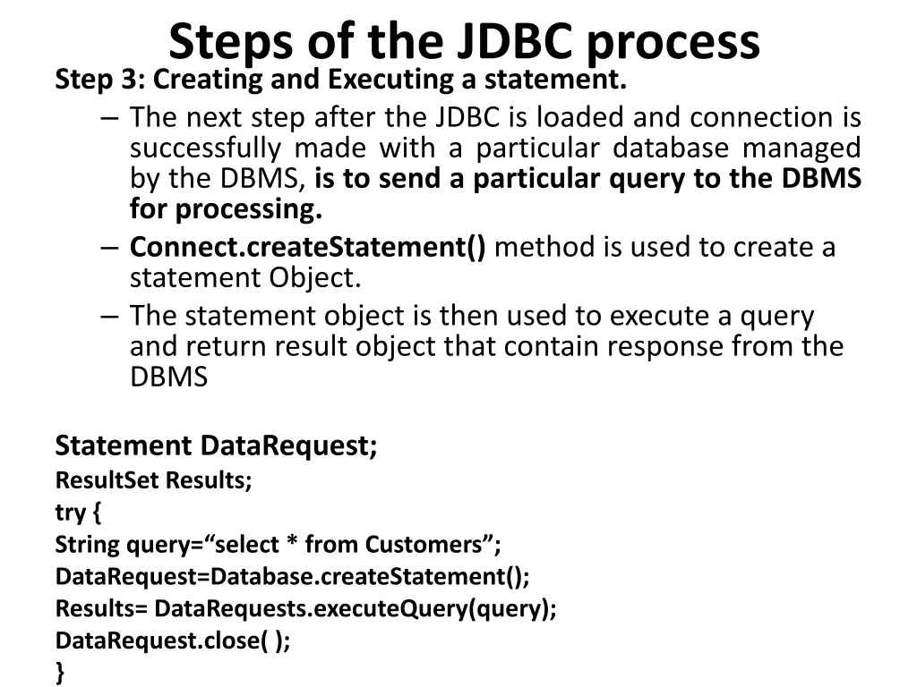 steps of the jdbc process step 3 creating