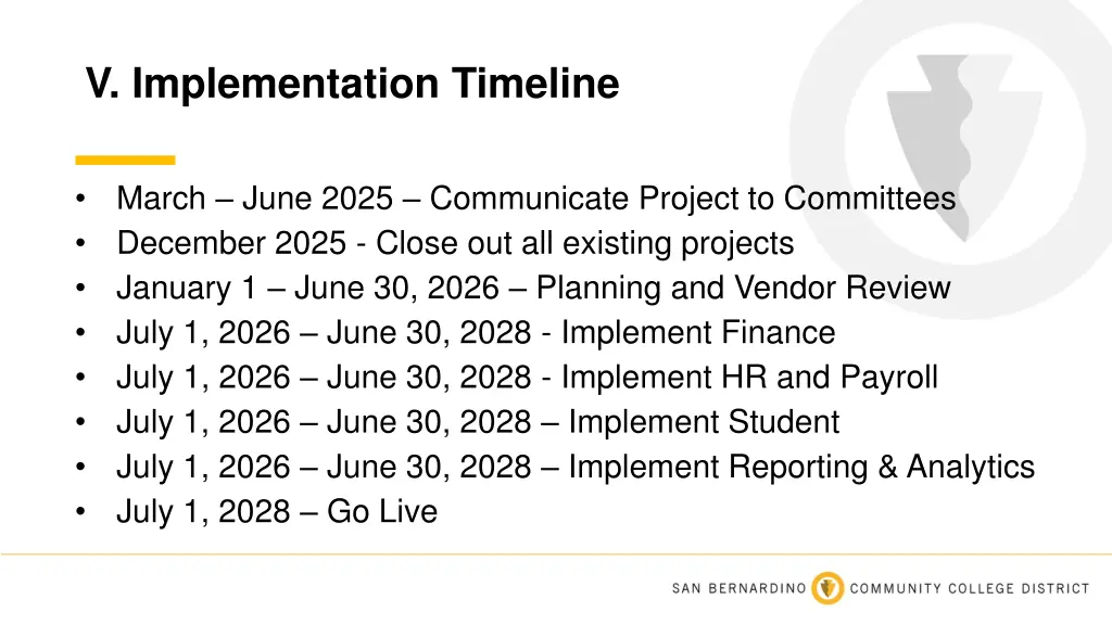 v implementation timeline