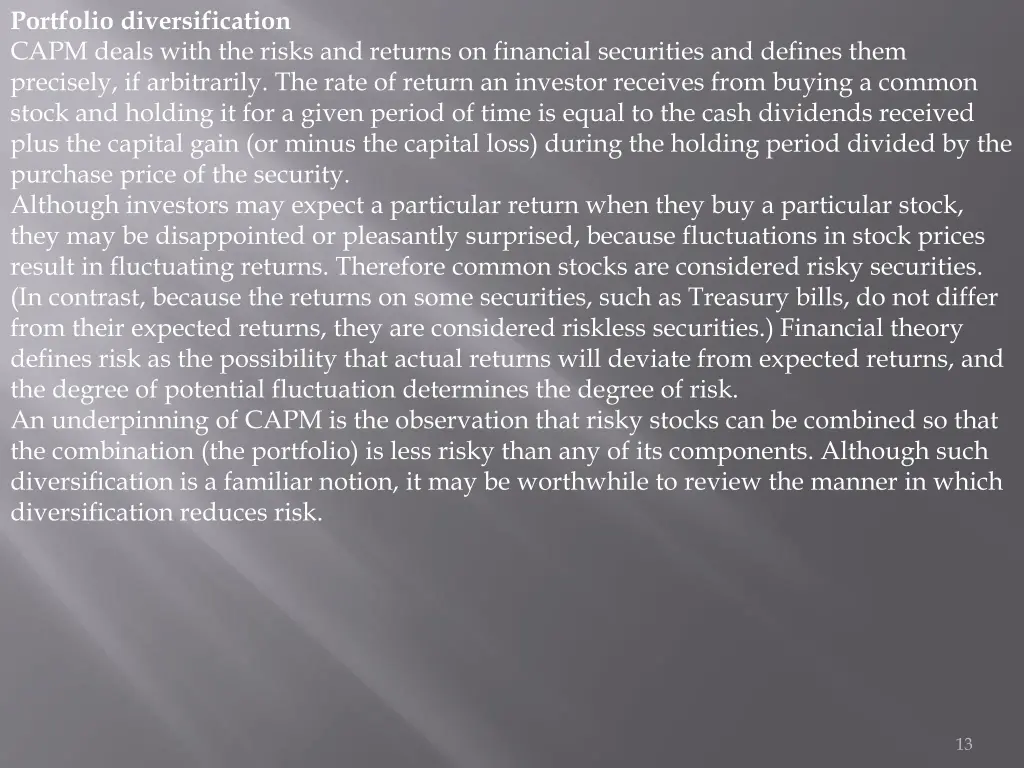 portfolio diversification capm deals with