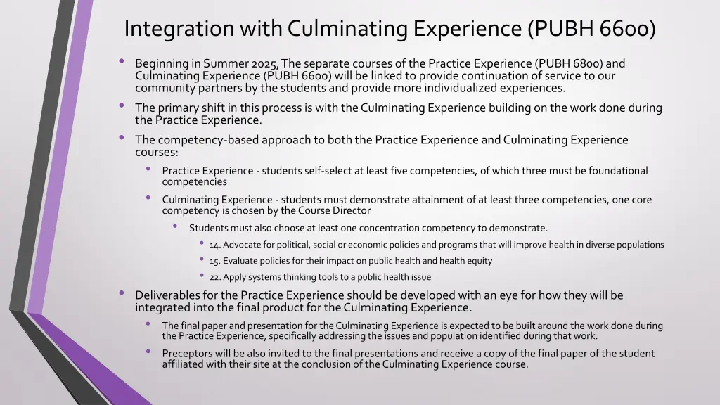 integration with culminating experience pubh 6600