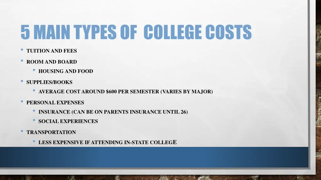 5 main types of college costs tuition and fees
