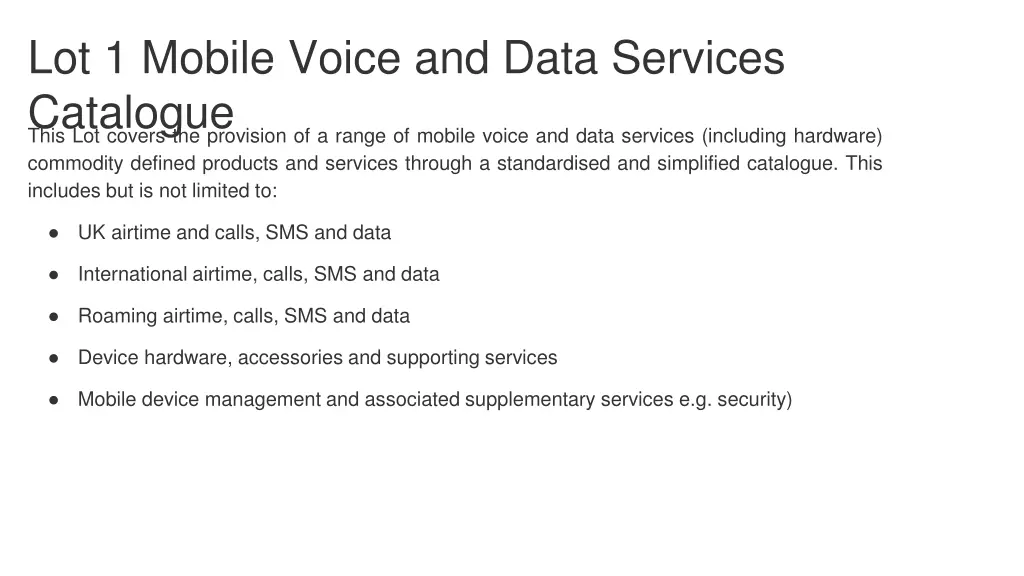 lot 1 mobile voice and data services catalogue