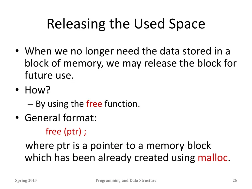 releasing the used space
