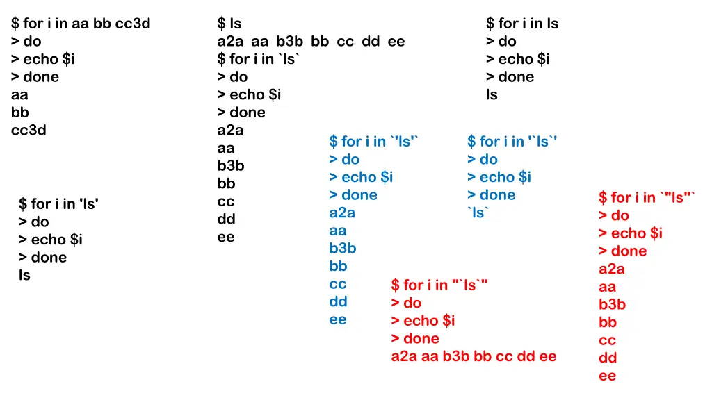 for i in aa bb cc3d do echo i done aa bb cc3d