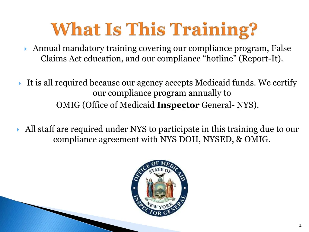 annual mandatory training covering our compliance