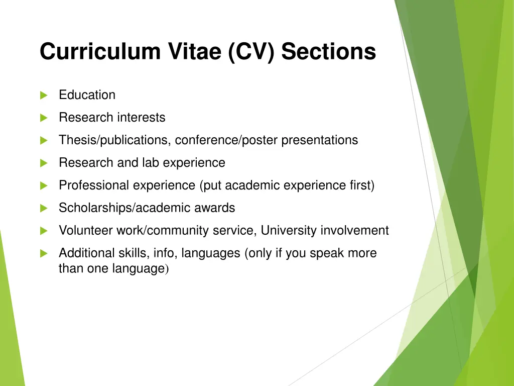 curriculum vitae cv sections
