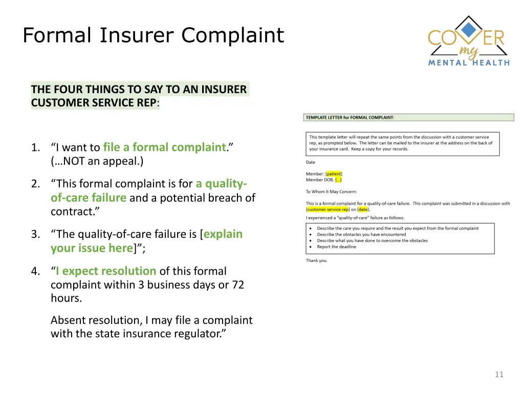 formal insurer complaint