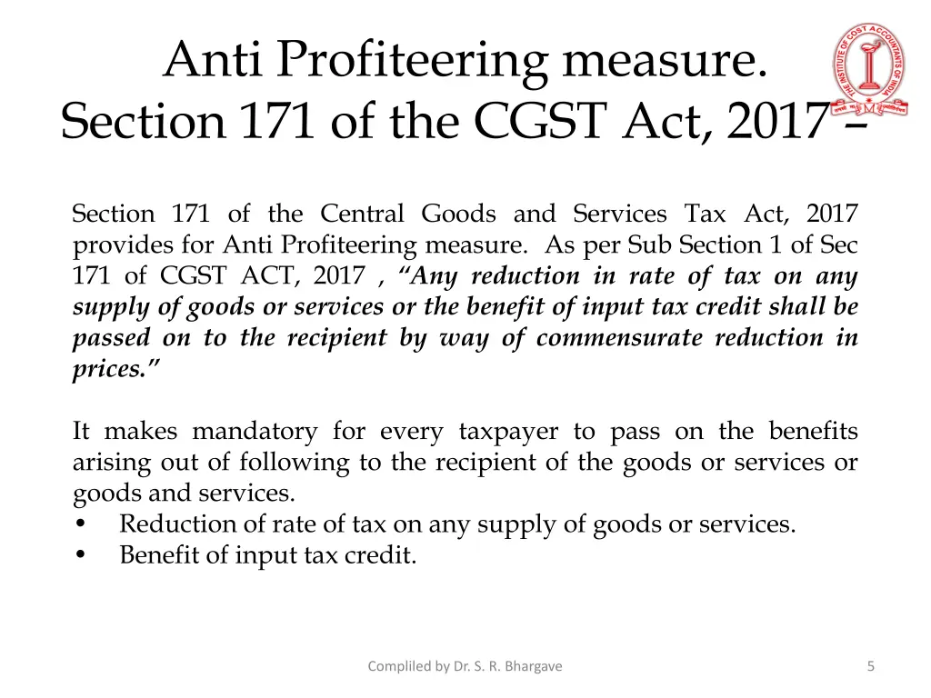 anti profiteering measure section 171 of the cgst