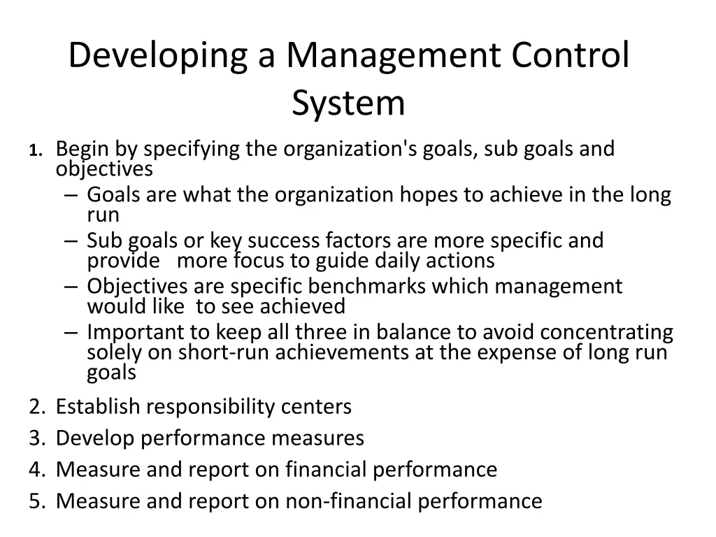 developing a management control system