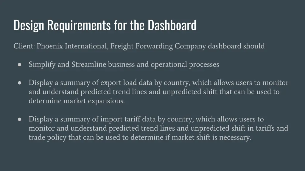 design requirements for the dashboard