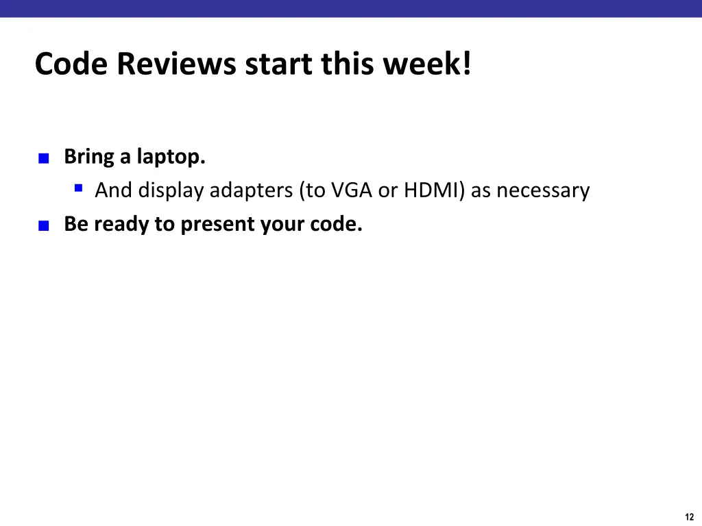code reviews start this week