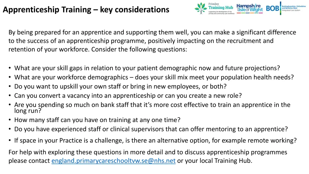apprenticeship training key considerations