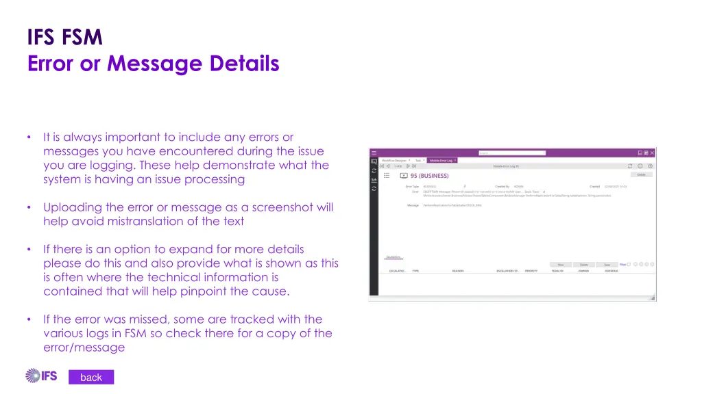 ifs fsm error or message details