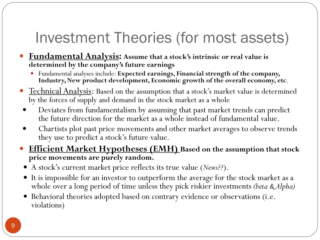 investment theories for most assets