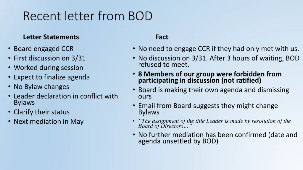 recent letter from bod