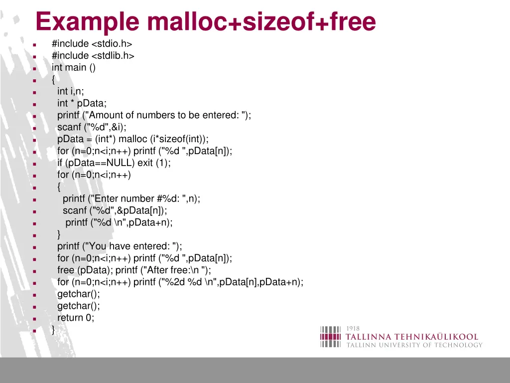 example malloc sizeof free include stdio