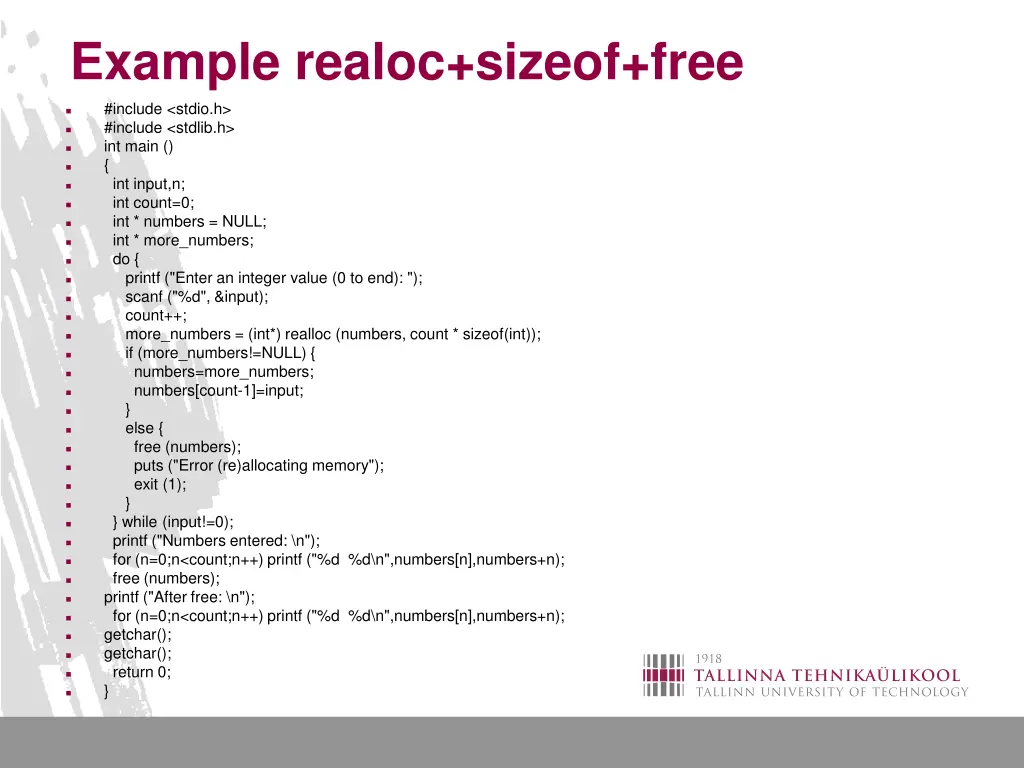example realoc sizeof free include stdio