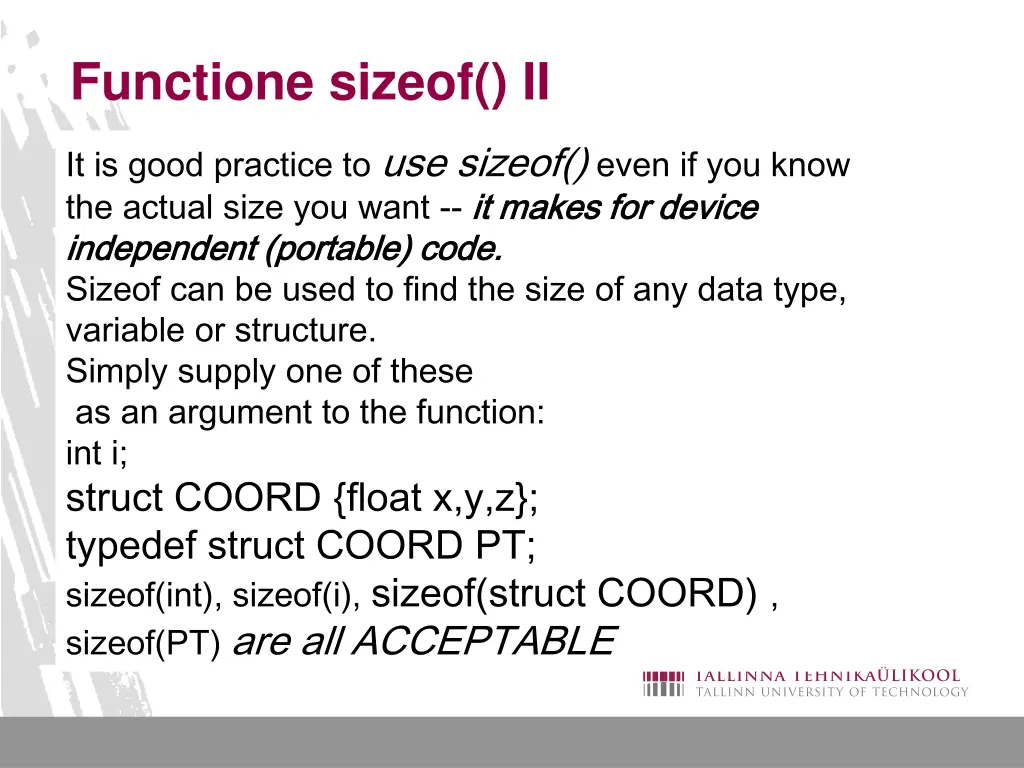 functione sizeof ii