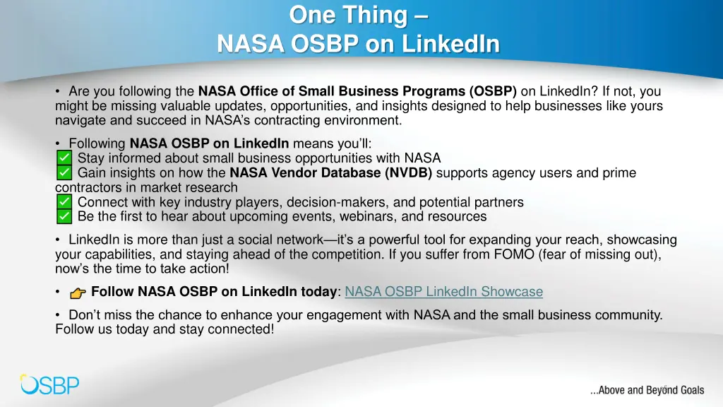 one thing nasa osbp on linkedin