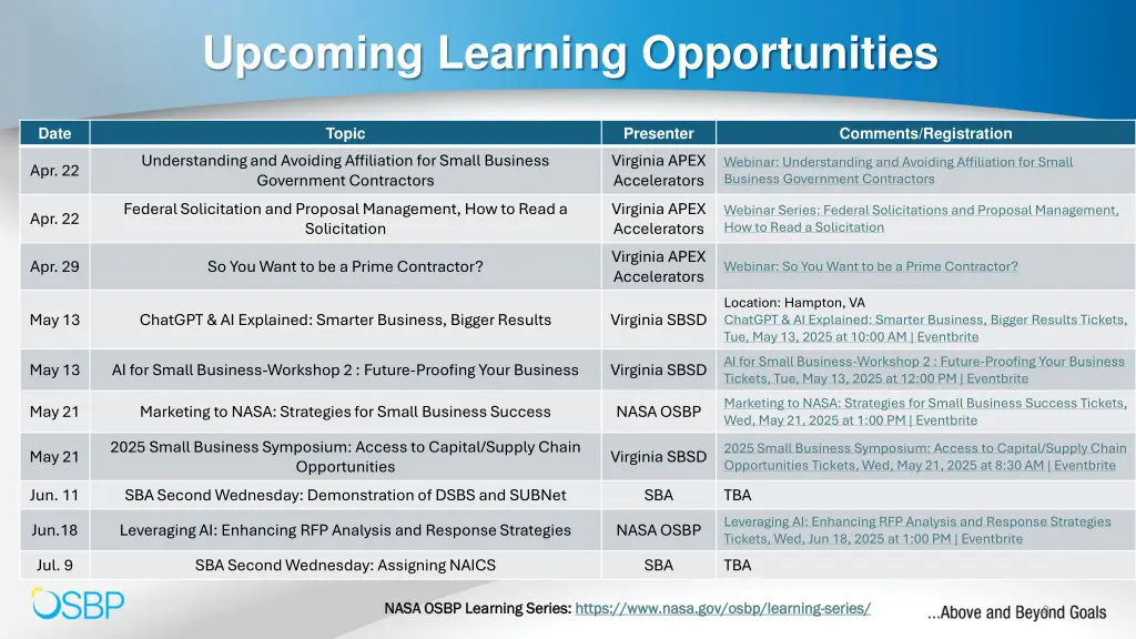 upcoming learning opportunities