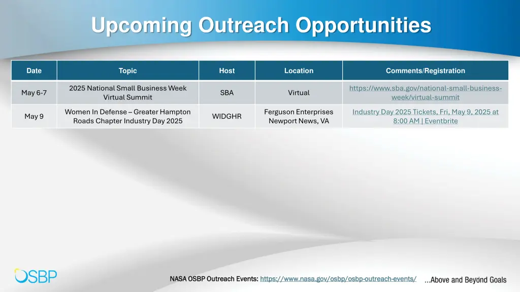 upcoming outreach opportunities