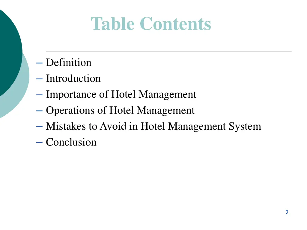 table contents