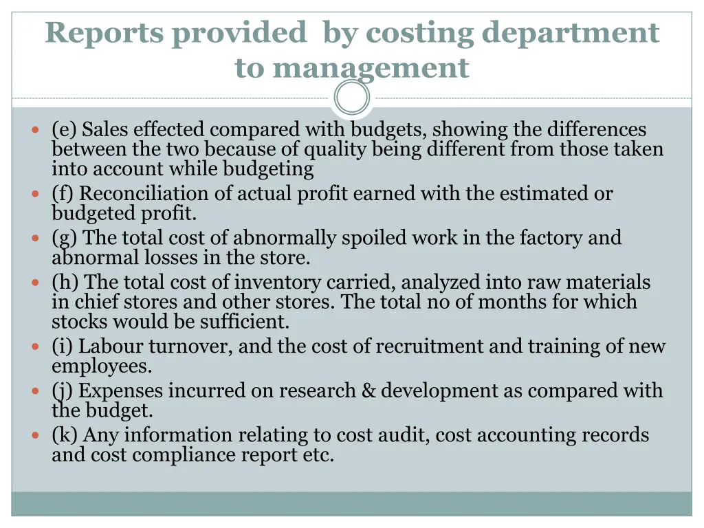 reports provided by costing department 1