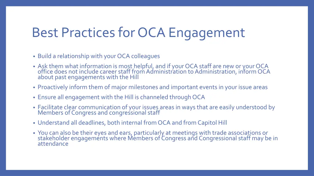 best practices for oca engagement